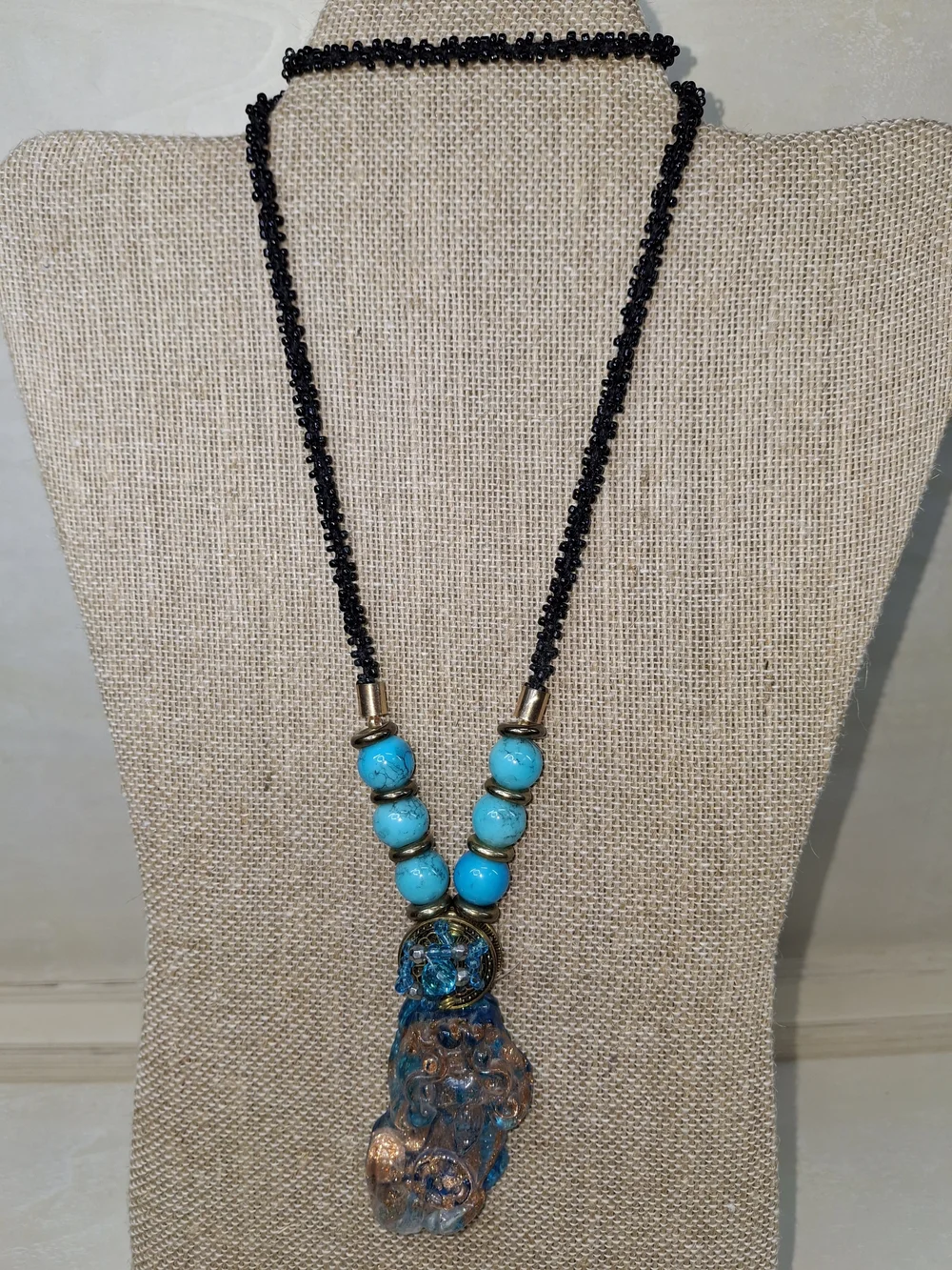 Handcrafted Turquoise & Black Beaded Pendant Necklace - Unbranded